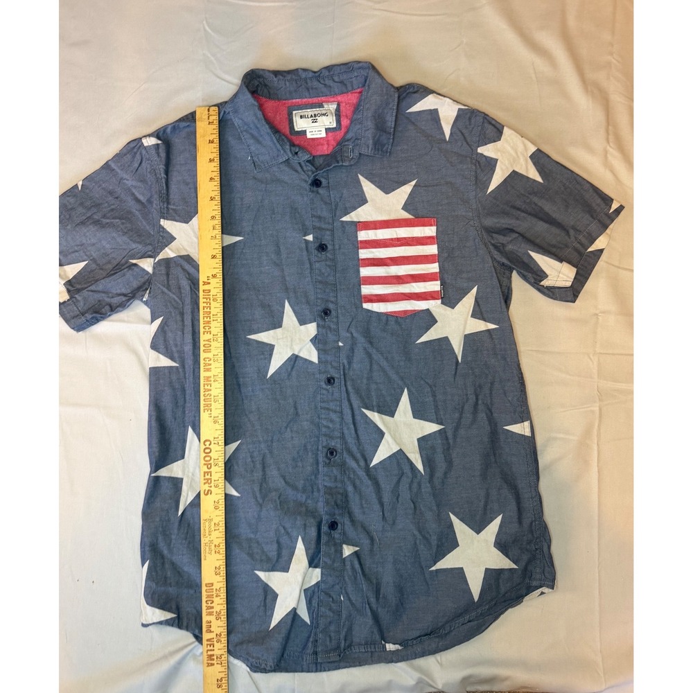 Billabong Button Front Shirt Mens Medium Blue Patriotic Stars Stripes Americana
